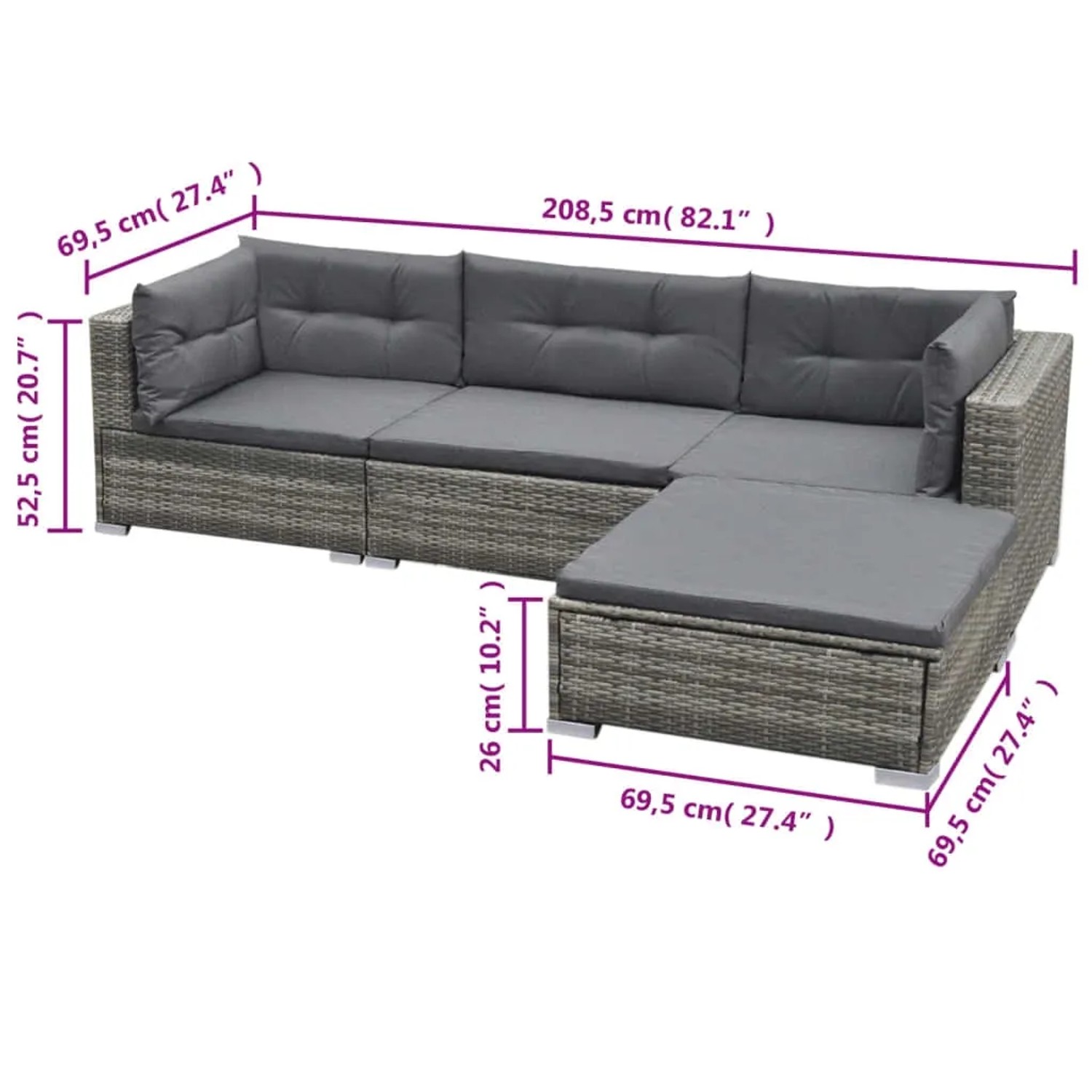Graues 5-tlg. vidaXL Garten-Lounge-Set aus Polyrattan mit Kissen und Ottomane.