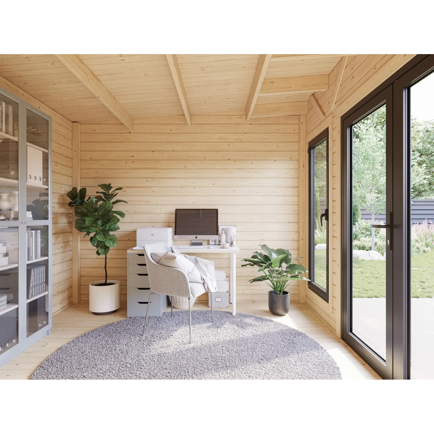 Innenansicht: Hellgraues Palmako Holz-Gartenhaus mit Pultdach als Büro mit Schreibtisch und Fenster.
