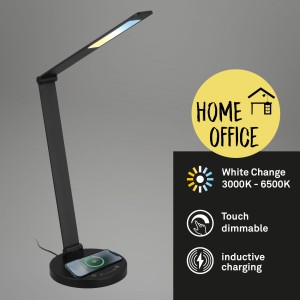 Schwarze Brilo LED-Schreibtischleuchte Cuma mit induktiver Ladefunktion und Touch-Dimmer.