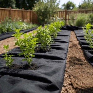 Schwarzes vidaXL Geotextil-Vlies (1x10 m) im Garten zur Unkrautbekämpfung.