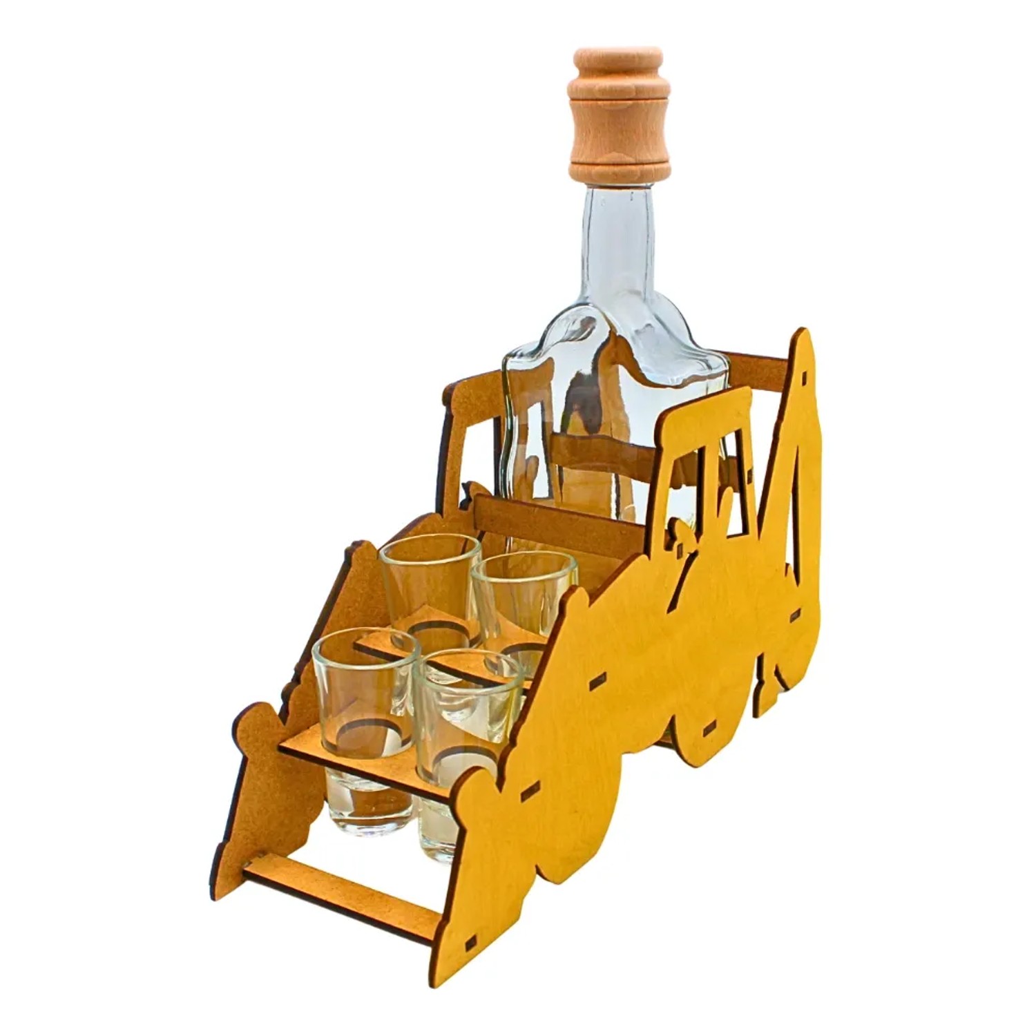 Holz Trecker Geschenkset mit Karaffe und 6 Schnapsgläsern. Dekoration für Bar & Hausbar.