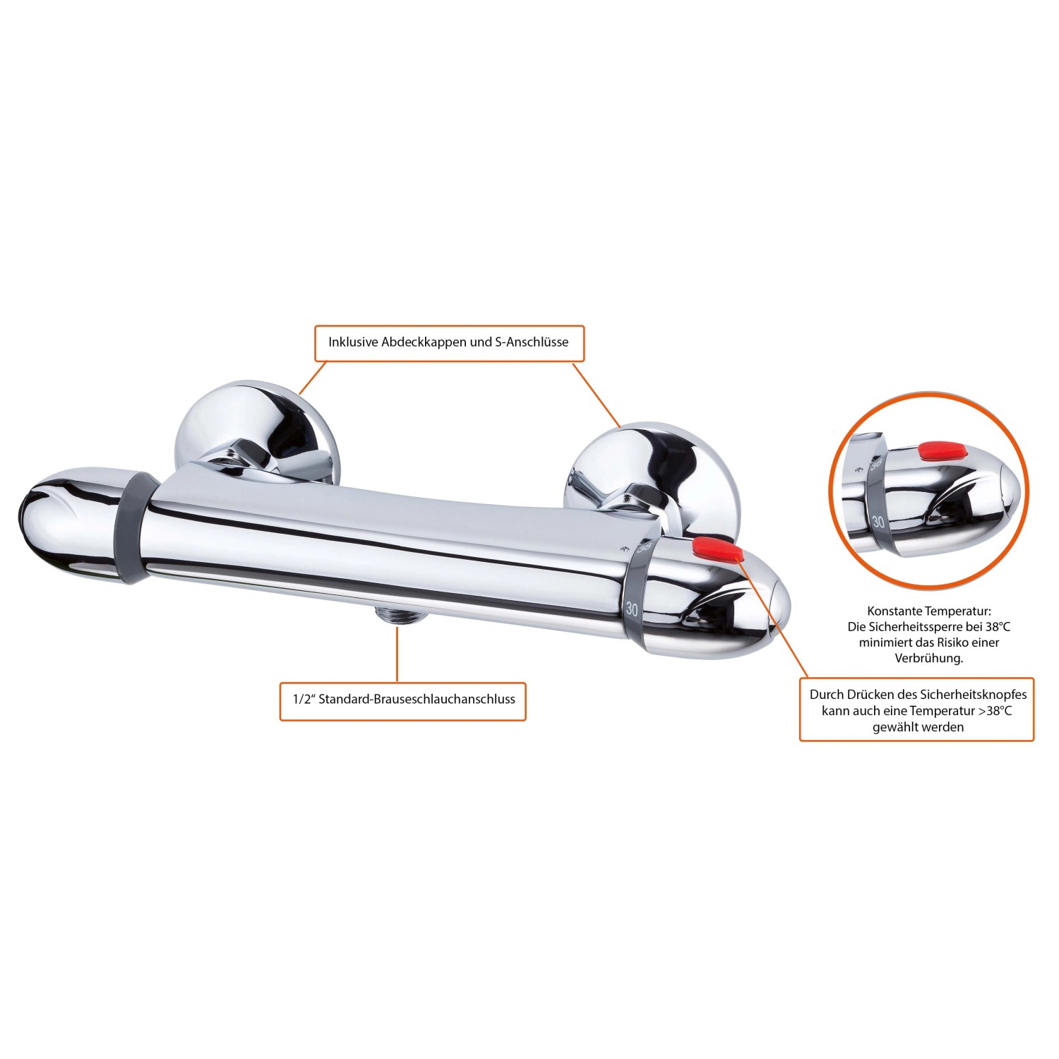 Eisl VITAL Thermostat Duscharmatur in Chrom, Aufputz-Thermostat mit Verbrühschutz.