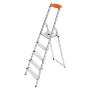Hailo L58 Alu-Sicherheits-Stehleiter mit 5 Stufen, rutschfest und stabil für sicheres Arbeiten.