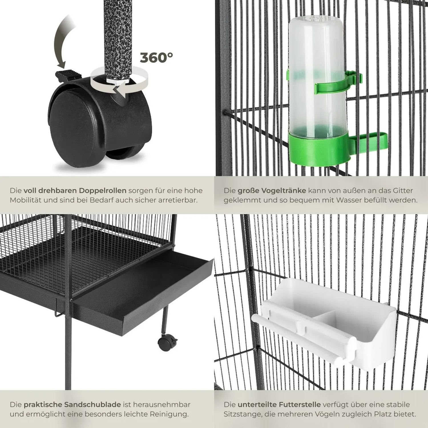 Details des anthrazitfarbenen Vogelkäfigs mit Rollen, Futterstelle und Wasserspender.