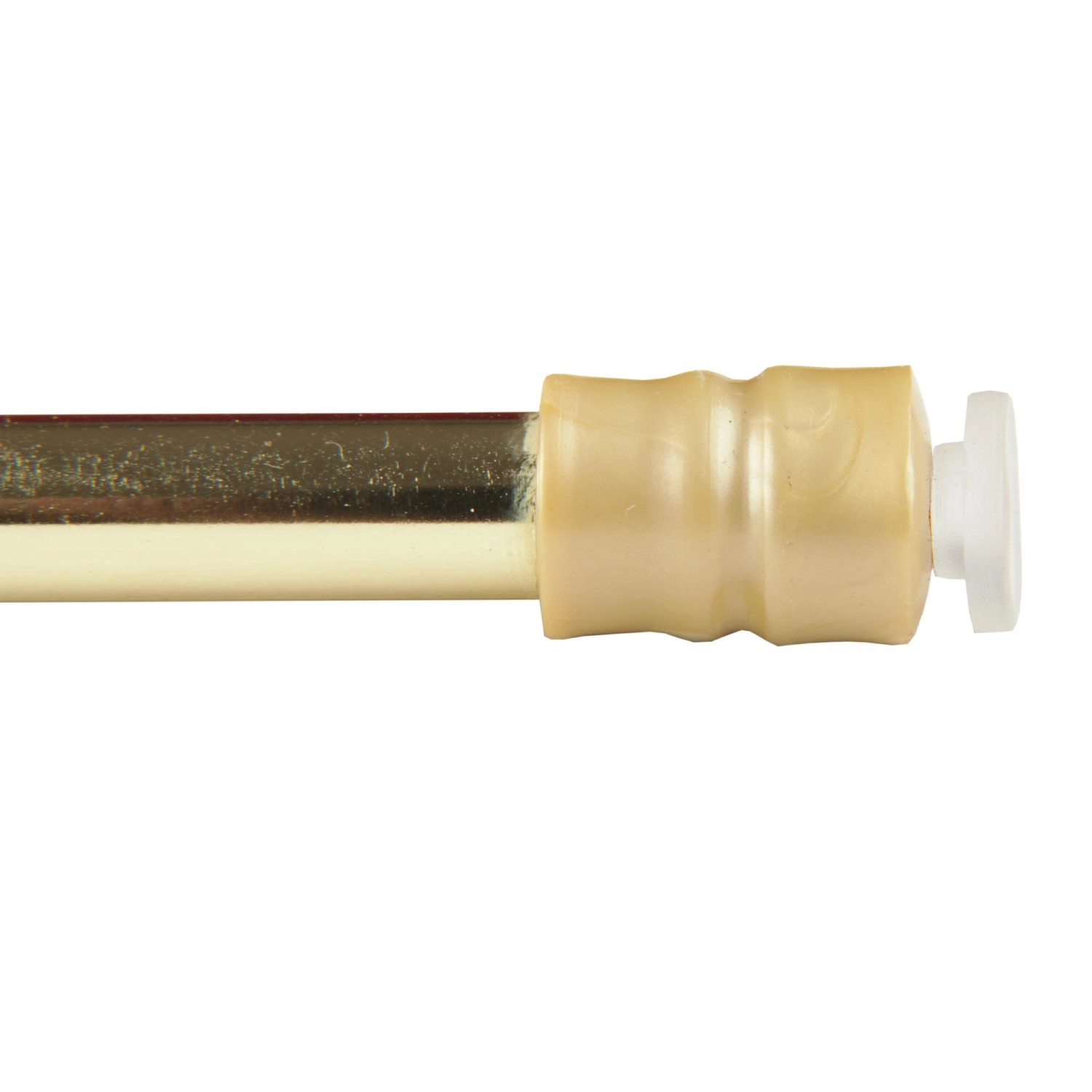 Bestlivings Klemmstange, glänzend gold, 80-120cm. Detailaufnahme der Vorhangstange mit Schraubtechnik.