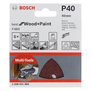 Bosch Delta-Schleifblätter F460, 5er-Pack, Körnung 40 für Holz und Farbe.