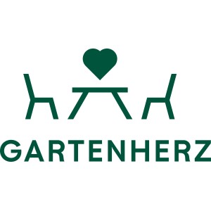 Logo von Gartenherz, Gartentisch und Stühle symbolisch dargestellt.