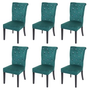 6er-Set: Dunkelgrüne Polsterstühle mit Knopfsteppung und schwarzen Beinen für Esszimmer.