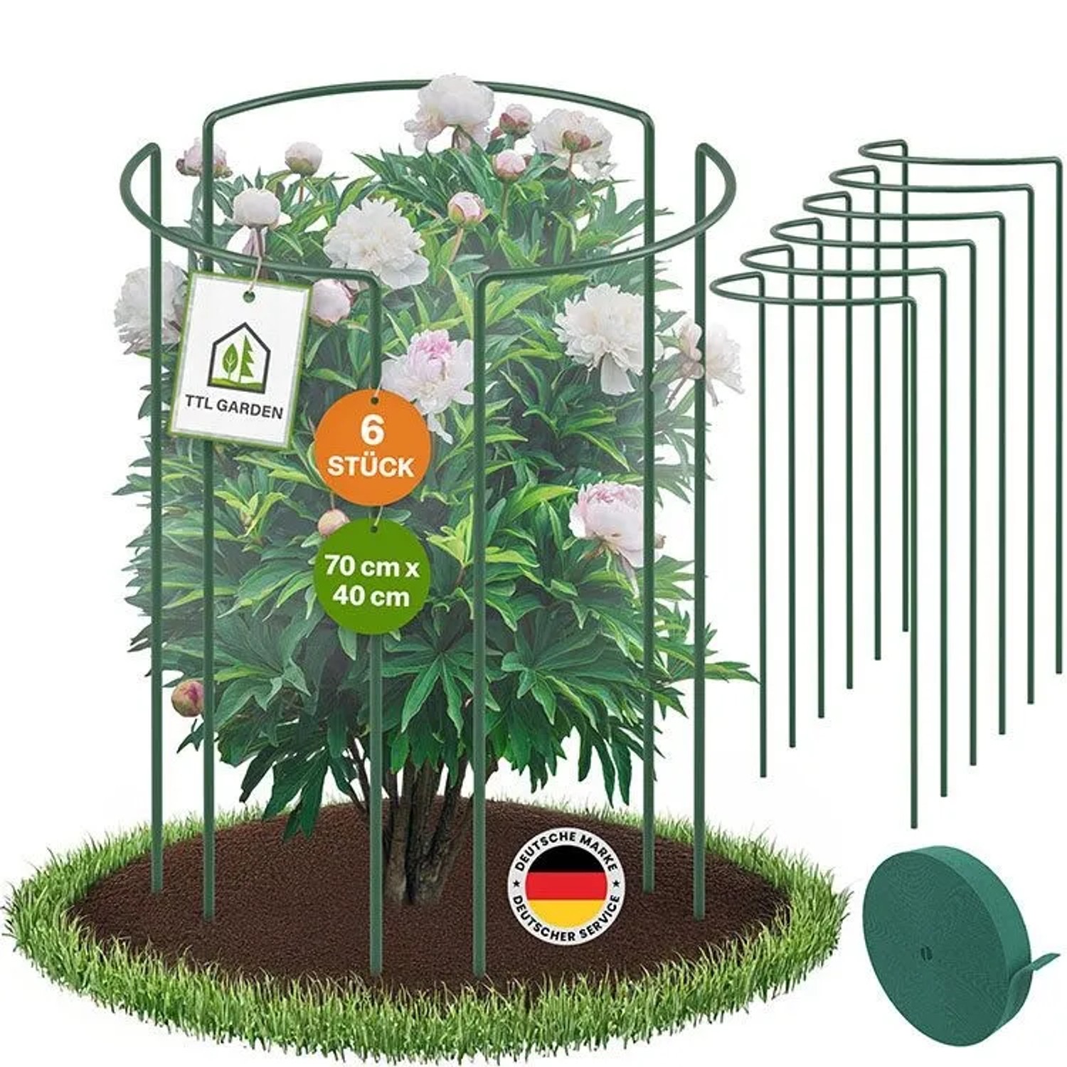 TTL GARDEN Strauchstütze 70x40cm 6er Set Inkl. 10m Klettband Pflanzenhalter für Stauden Sträucher Rosen Rankhilfe Metall_2