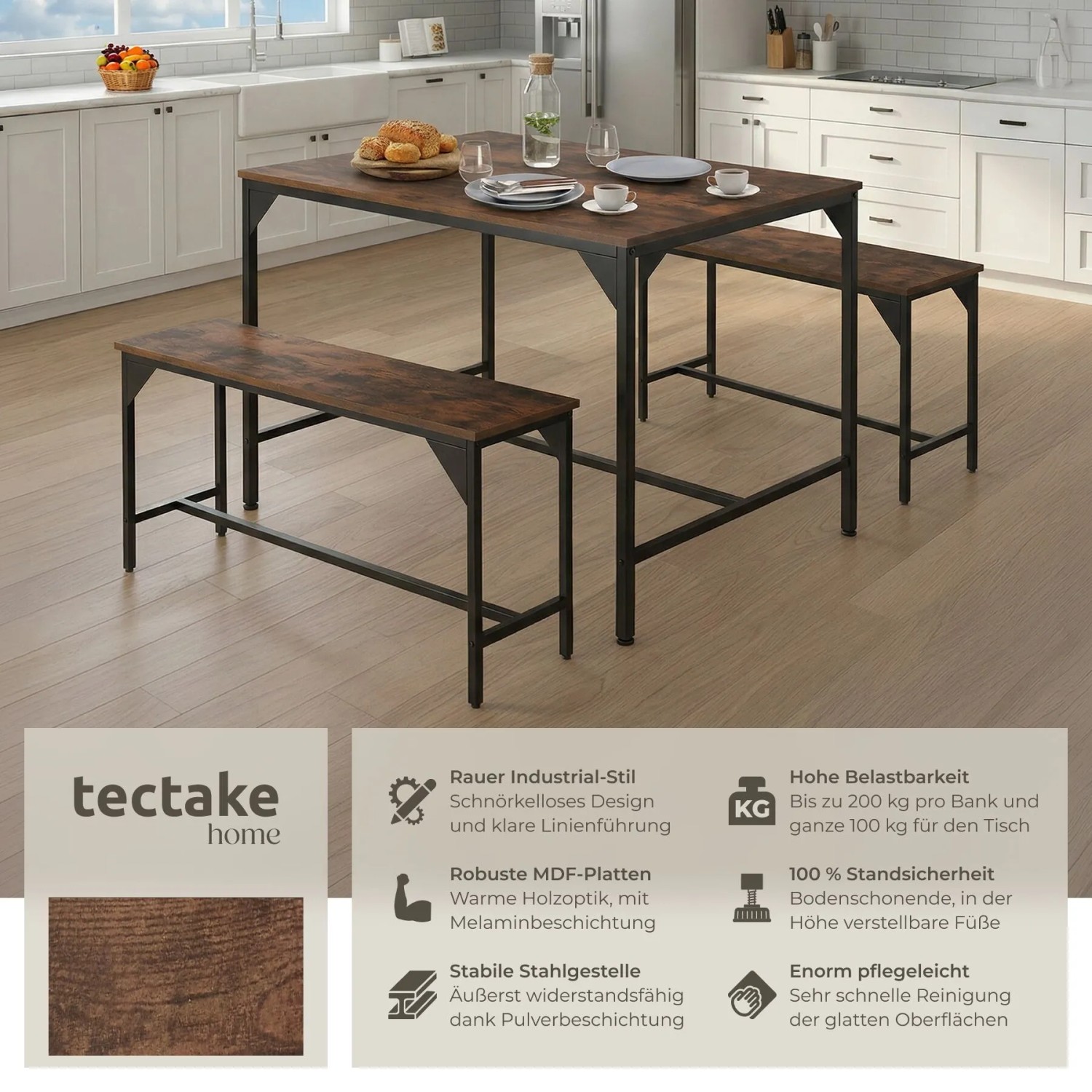 Tectake Sitzgruppe Bolton 3 Teilig Esstisch Mit 2 Sitzbänken  100 x 130 x 75 cm Industrial Holz Dunkel  Rustikal_2