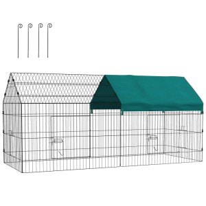 PawHut Freilaufgehege aus schwarzem Stahlgitter mit grünem Schutzdach, Türen und Erdspießen für Kleintiere.