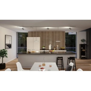 Paulmann URail LED-Schienensystem in moderner Küche. Chrom Matt Einspeisung mit Zigbee 3.0 Smart Home Steuerung.