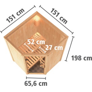 Karibu Sauna Lyra Natur, Elementsauna aus Fichte mit Maßen. Aufgebaut mit Liegeflächen und Tür.