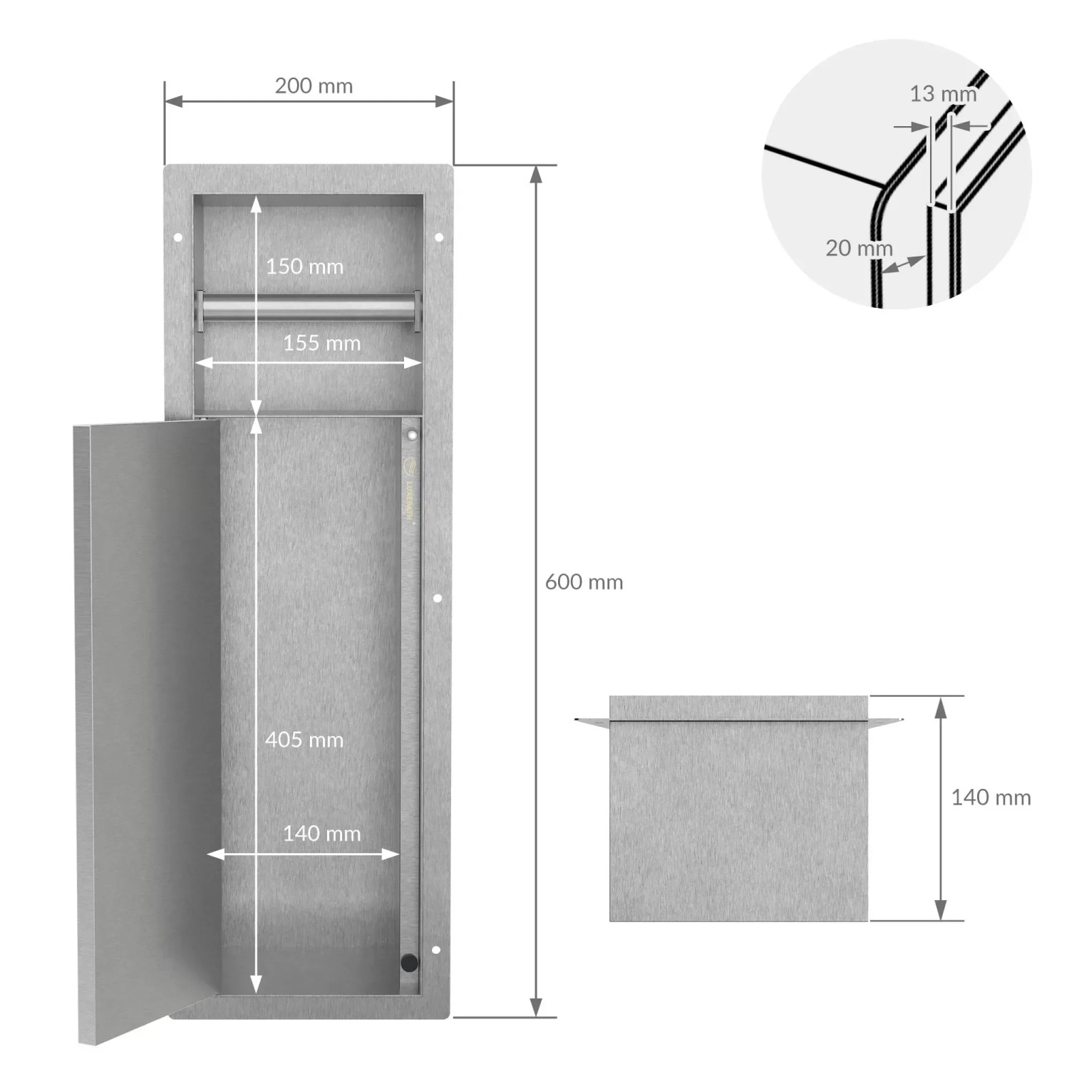 LuxeBath Unterputz WC-Schrankmodul aus Edelstahl, silber, mit Toilettenpapierhalter und offenem Staufach.