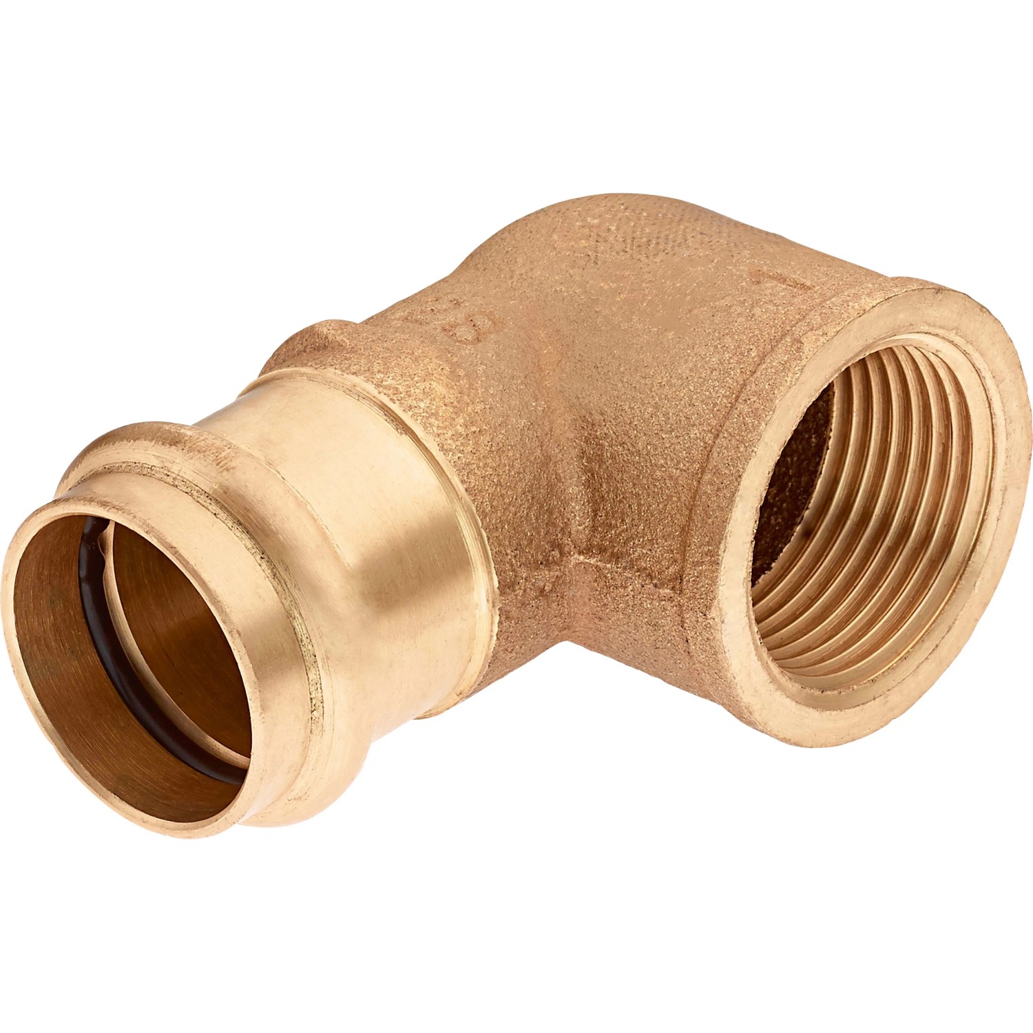 90-Grad-Presswinkel aus Rotguss, Ø 28 mm x 30,3 mm (Rp 1), für Kupferrohr-Installationen.