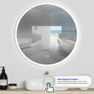 Runder Badspiegel mit LED-Beleuchtung, Bluetooth 5.0 und Touch-Funktion, 70 cm.