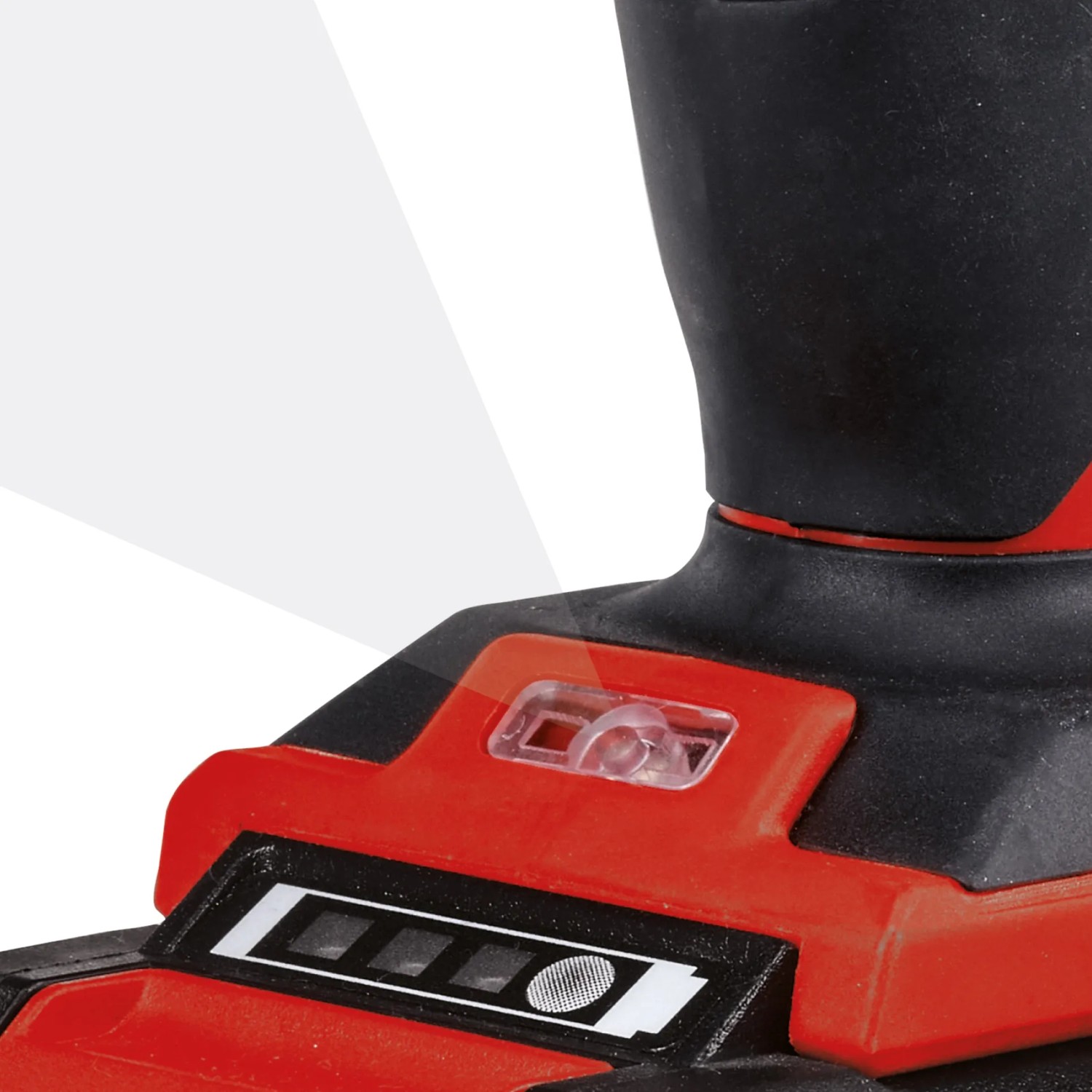 Detailaufnahme: Einhell Akku-Schlagbohrschrauber TE-CD 18/40 Li-i mit LED-Licht und Akkuanzeige.
