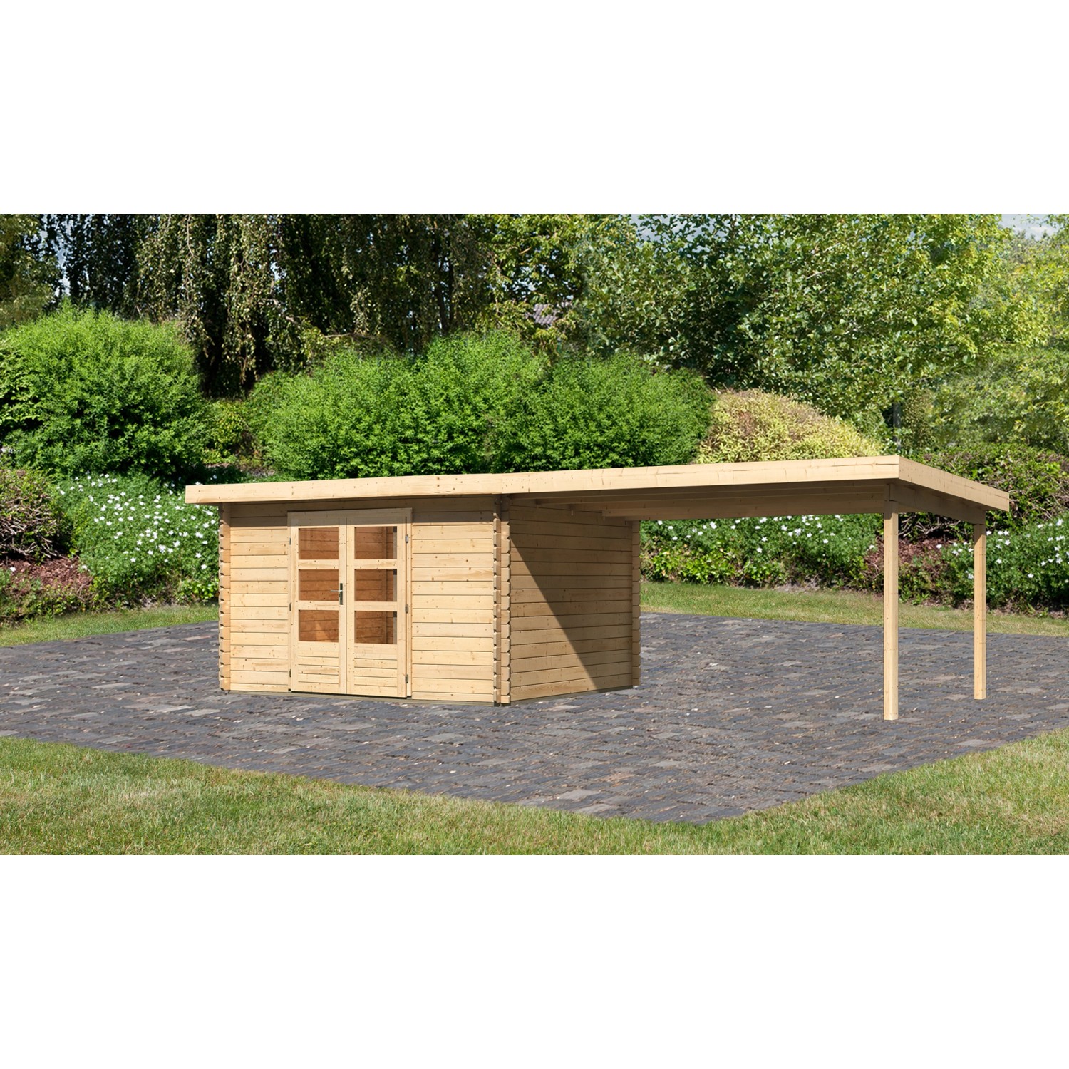 Karibu Holz-Gartenhaus Ängelholm Natur Pultdach Unbehandelt 340 cm x 280 cm günstig online kaufen