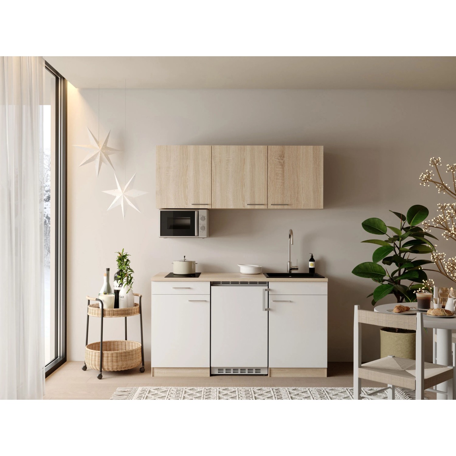 Respekta Ingrid Singleküche 150 cm Weiß inkl. Mikrowelle & Kühlschrank