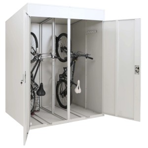 Hellgraue PROREGAL Fahrradgarage für 2 Fahrräder, abschließbare Fahrradbox aus Metall.