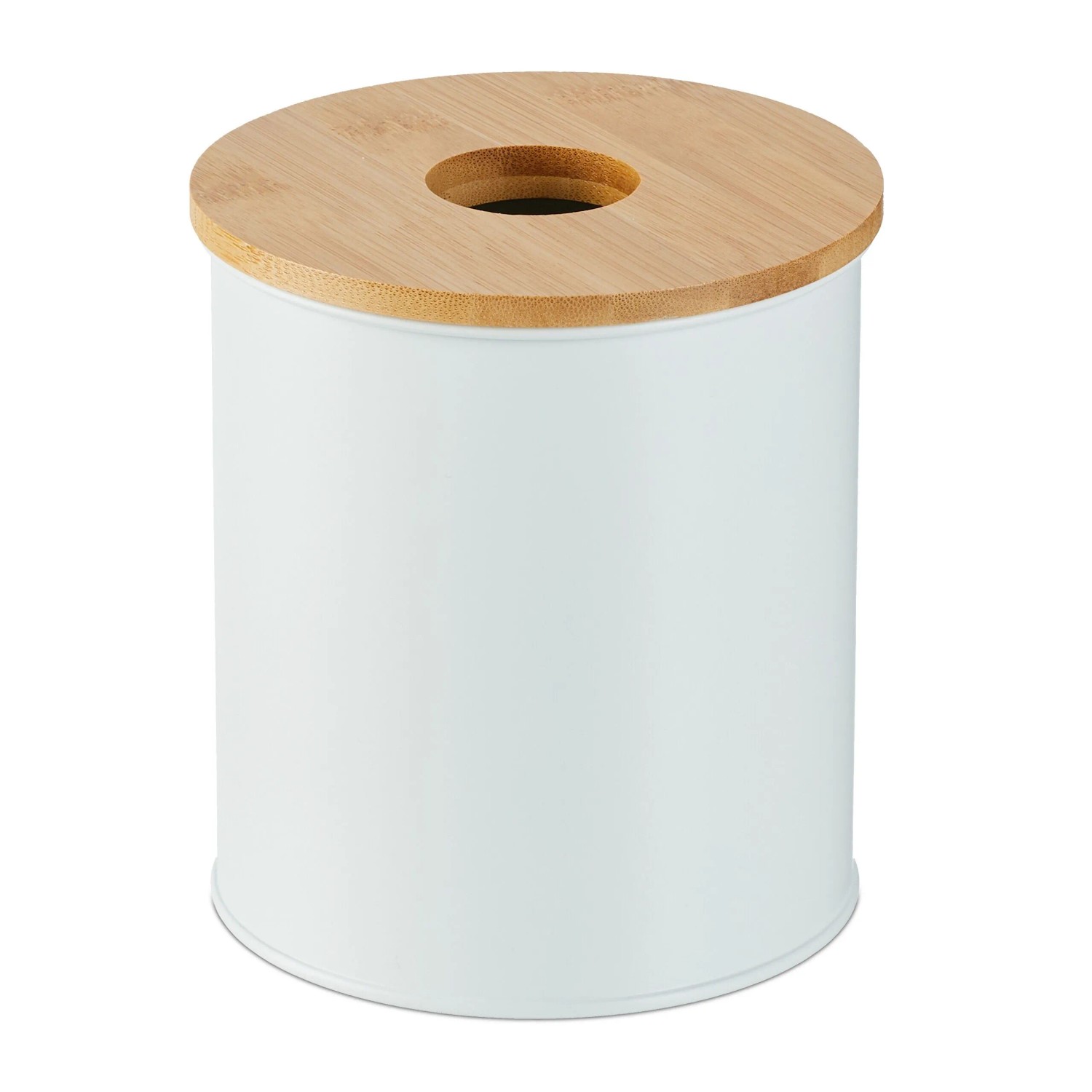 Relaxdays Kosmetikeimer Eisen Bambus Weiß mit Bambusdeckel 2, 15 cm x 13,5 cm