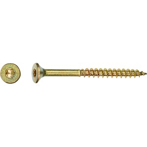 Gelb verzinkte Spanplattenschraube 4,5x60 mm mit TX-Antrieb und Senkkopf.