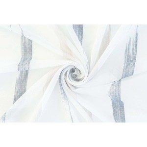 Transparenter, weißer Fenstervorhang mit grauen Streifen und verdeckten Schlaufen.