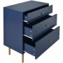 Marineblaue Schubladenkommode mit 3 Schubladen, Fischschuppenmuster, goldenen Griffen und Metallfüßen.
