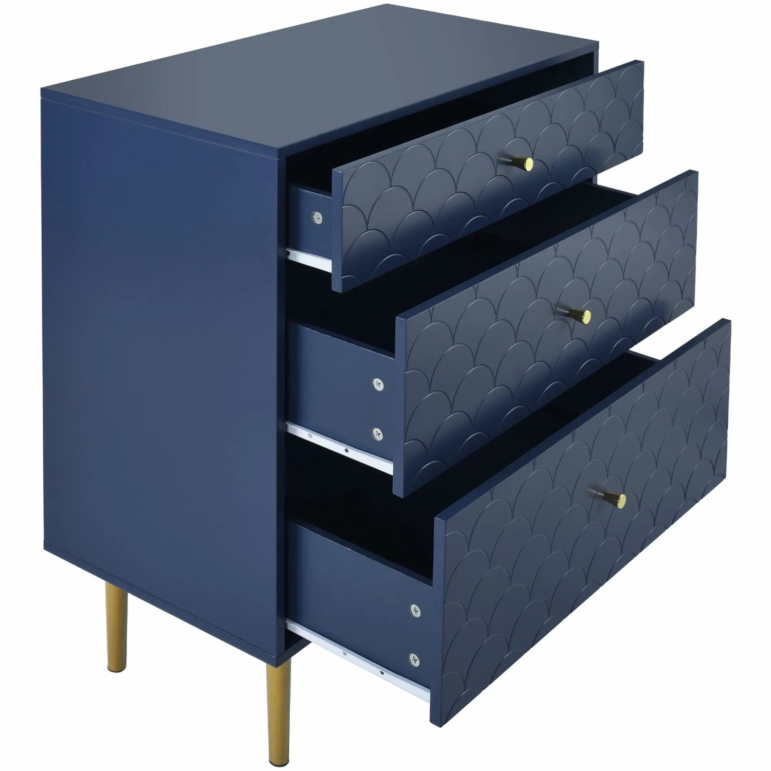 Marineblaue Schubladenkommode mit 3 Schubladen, Fischschuppenmuster, goldenen Griffen und Metallfüßen.