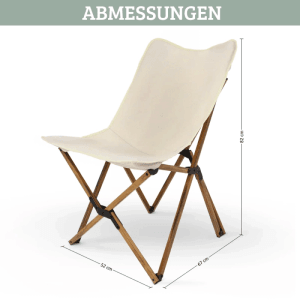Faltbarer Campingstuhl in Creme mit Holzoptik Gestell und Maßangaben.