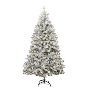 Künstlicher, weiß-grüner Weihnachtsbaum (210 cm) mit LED-Lichtern und weißen Kugeln.