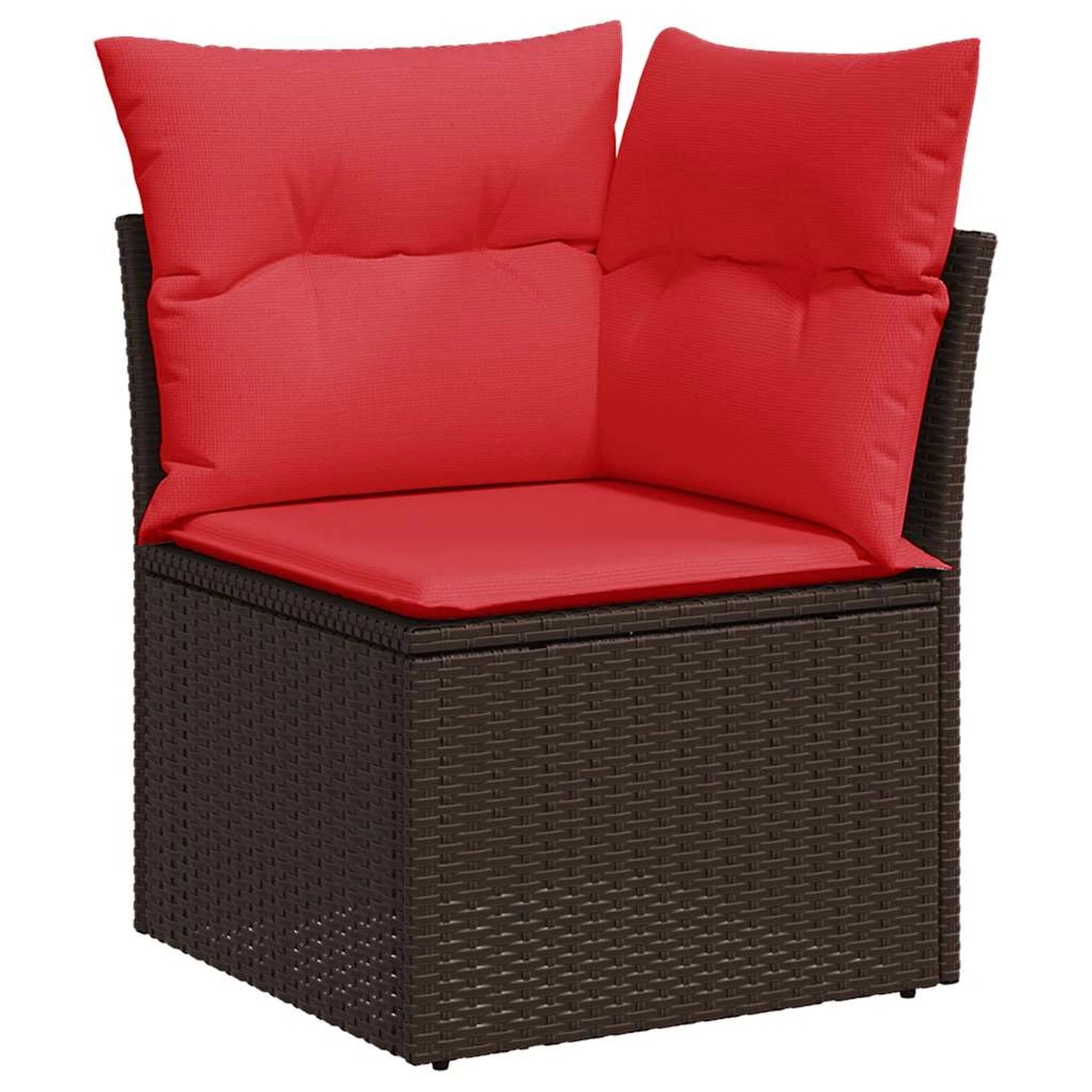 Braunes Poly Rattan Ecksofa mit roten Kissen, Teil der vidaXL Garten-Sofagarnitur.