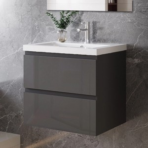 AICA Waschtisch mit Unterschrank, 60 cm, anthrazit hochglanz. Badmöbel Set mit zwei Schubladen und Waschbecken.