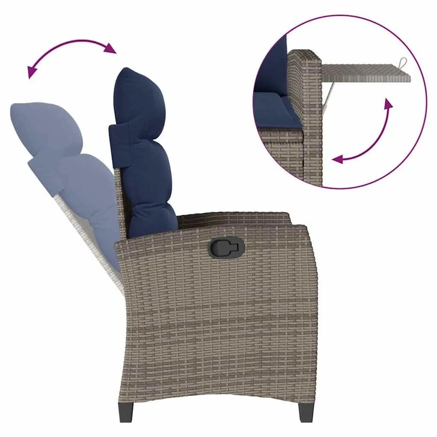 Grauer Poly Rattan Relaxsessel mit marineblauen Kissen, verstellbarer Rückenlehne und klappbarem Beistelltisch.