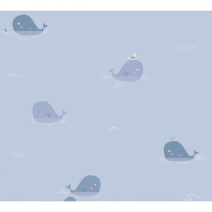 Blaue Vliestapete mit Tier-Motiv für das Kinderzimmer. Tapete mit Walen.