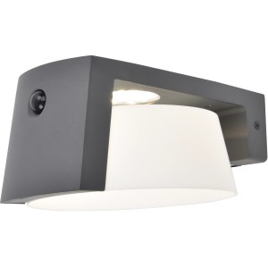 Moderne Lutec Solar-LED-Wandleuchte Moon in Anthrazit mit weißem Diffusor für den Außenbereich.