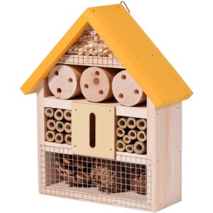 Dobar Insektenhotel aus Holz, gelbes Dach, gefüllt mit Naturmaterialien, ca. 24x9x26 cm.