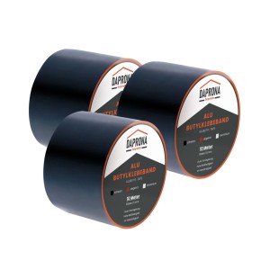 Drei Rollen Daprona Butylband, 10m x 100mm, Alu schwarz, ein Dichtband für Reparaturen.