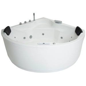 Eck-Whirlpool Badewanne Nendo Premium, 149x149 cm, weiß, mit Kopfstützen und Armaturen.