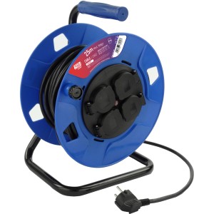 Blaue Tayg Kabeltrommel mit 25 m Kabel und vier Steckdosen für Werkstatt und Garten.