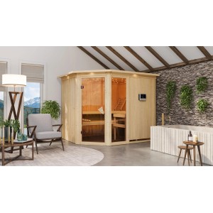 Karibu Sauna Freyja 3 aus Fichte mit Glastür und Edelstahl-Ofen in modernem Badezimmer.