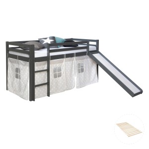Homestyle4u Kinderhochbett 90x200 Grau mit Lattenrost Rutsche 2779