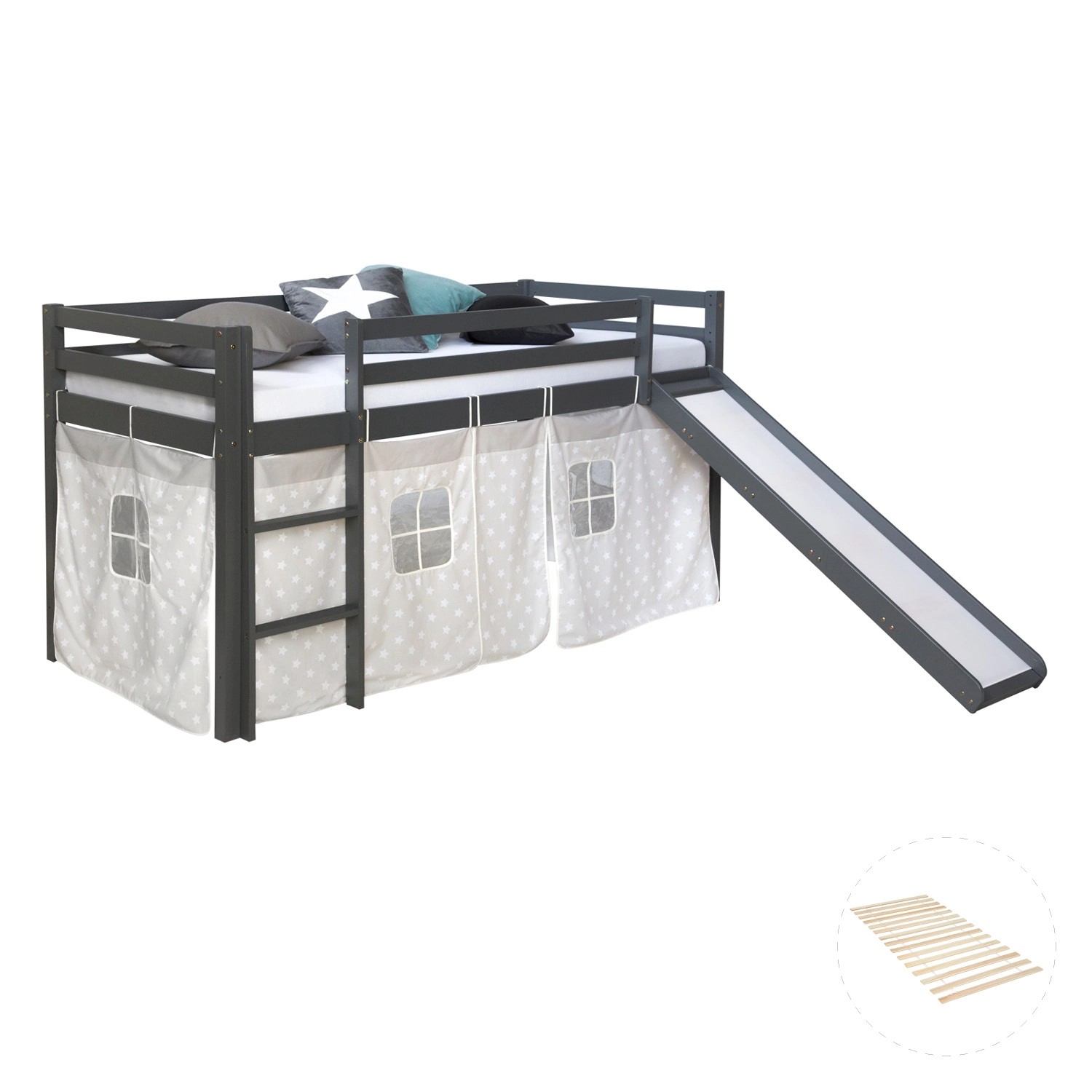 Homestyle4u Kinderhochbett 90x200 Grau mit Lattenrost Rutsche 2779 günstig online kaufen