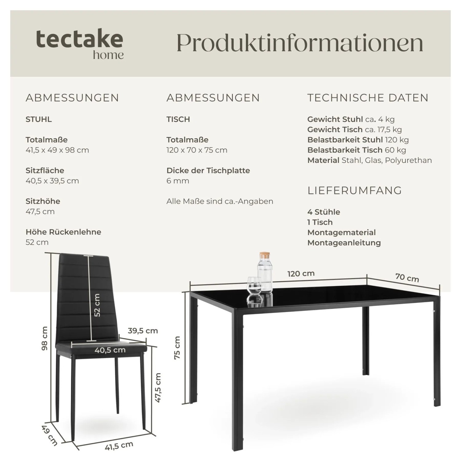 Tectake Esszimmergruppe Berlin 5 Teilig Esstisch Mit 4 Stühlen  120 x 70 x 75 cm Schwarz_6