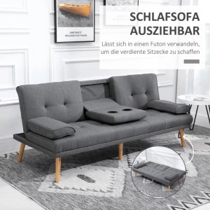 HOMCOM 3-Sitzer-Sofa mit Klappbarem Tisch Leinenoptik Becherhalter