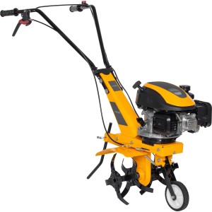 Stiga Benzin-Motorhacke SRC 36 V in Gelb/Schwarz mit Metallrotoren und Transportrad.