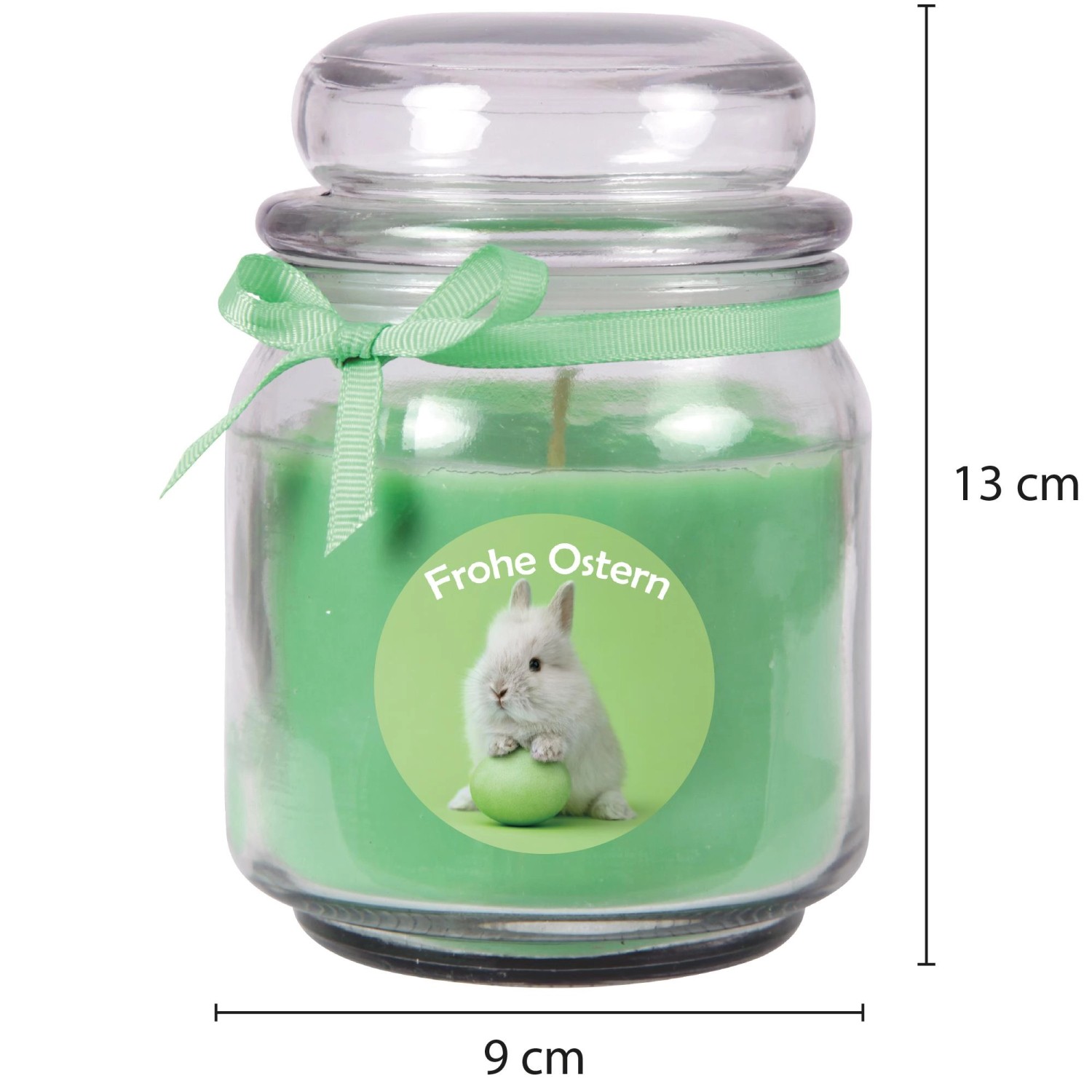 Grüne Duftkerze im Glas mit Osterhase und Schleife, 70h Brenndauer.