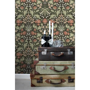 ESTAhome Vliestapete mit Jugendstil Blumenmuster in Dunkelgrün, Terrakotta. Dekorative Wandgestaltung im Vintage-Look.