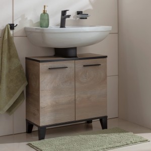 Fackelmann Waschbeckenunterschrank TE-A in Nature Oak mit zwei Türen und schwarzen Füßen.