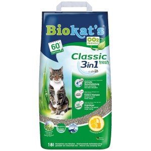Biokats Classic fresh Katzenstreu, 18l Sack mit Katze abgebildet.